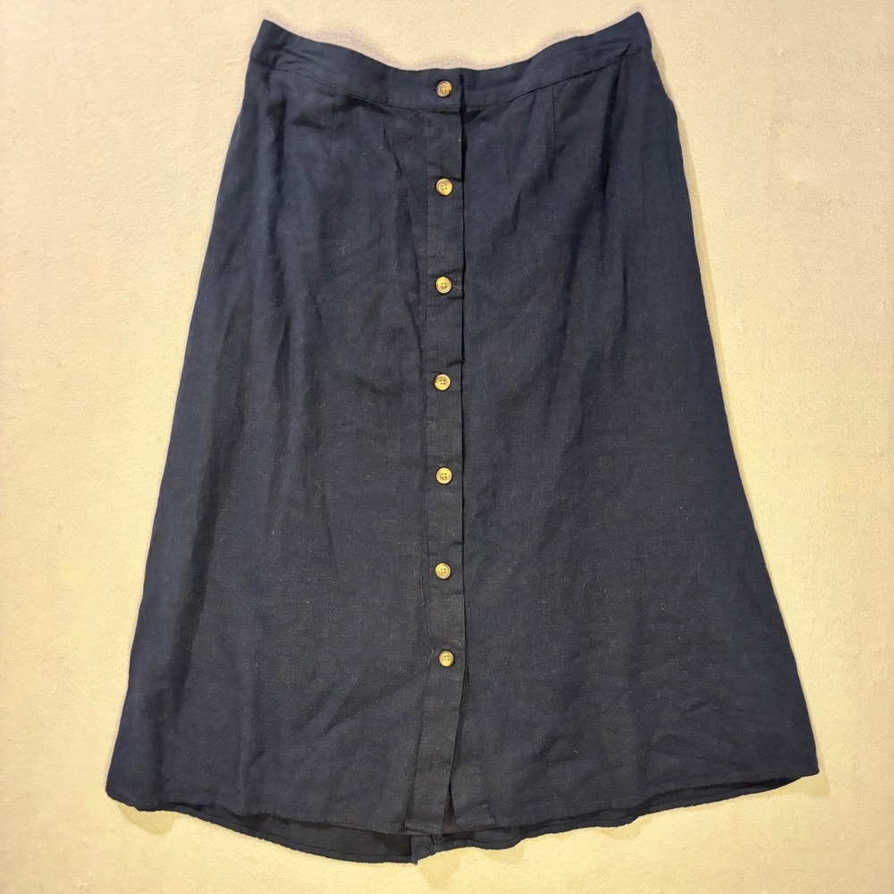 LC Lauren Conrad Navy Blue Linen Blend Button Front Midi Skirt Large